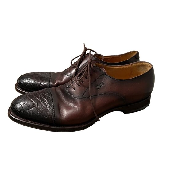 Gucci Dark Brown Textured Cap Toe Leather Dress Lace Up Mens Shoes Size 10 - Picture 1 of 11